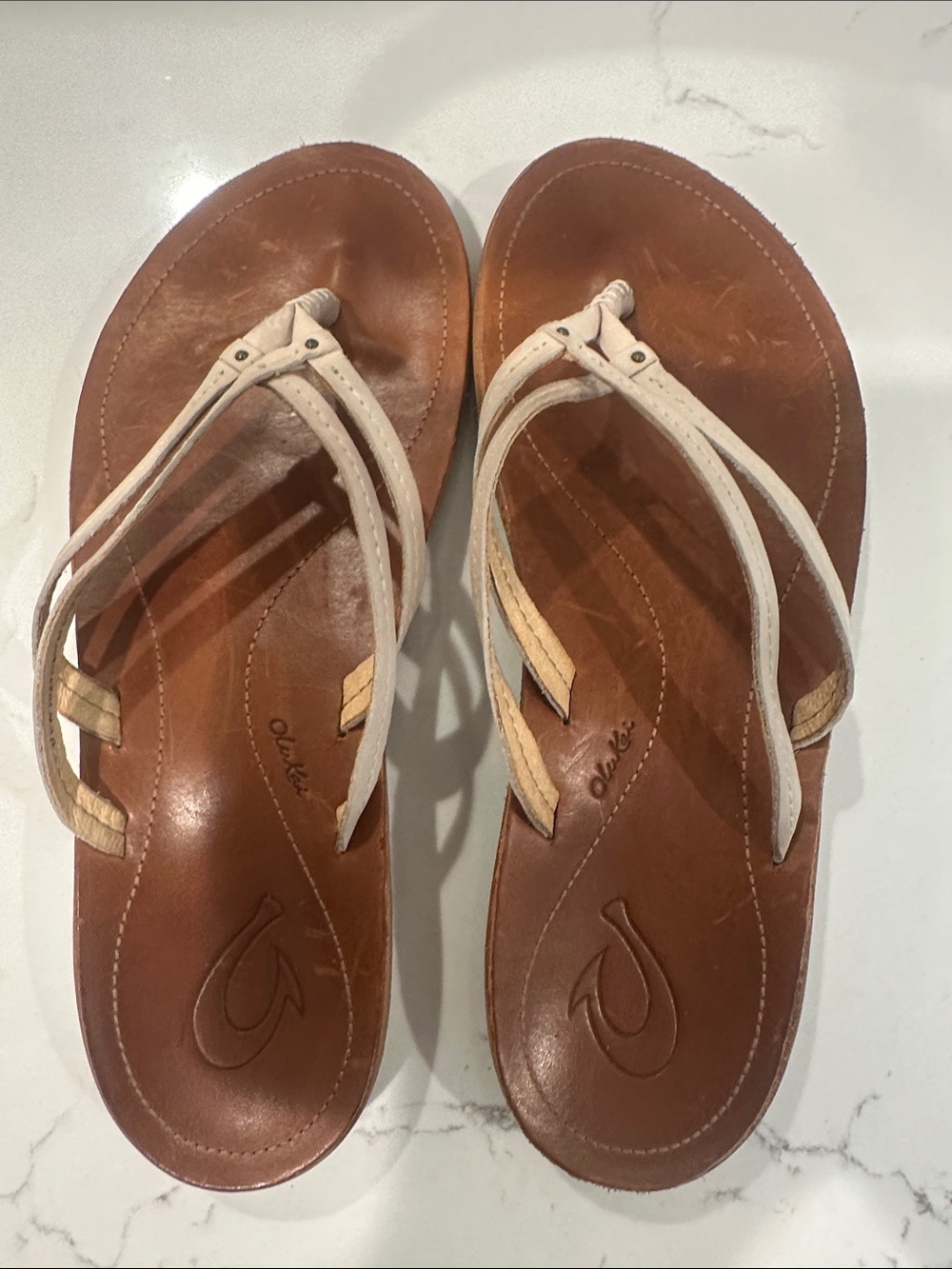 OluKai Women's Brown Leather Sandals with Cream Straps - Picture 3 of 7